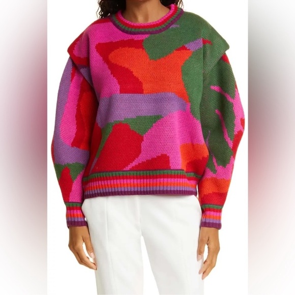 130 NEW Farm Rio Abstract Wool-Blend Sweater Size Medium Color Pink Green - Picture 1 of 7